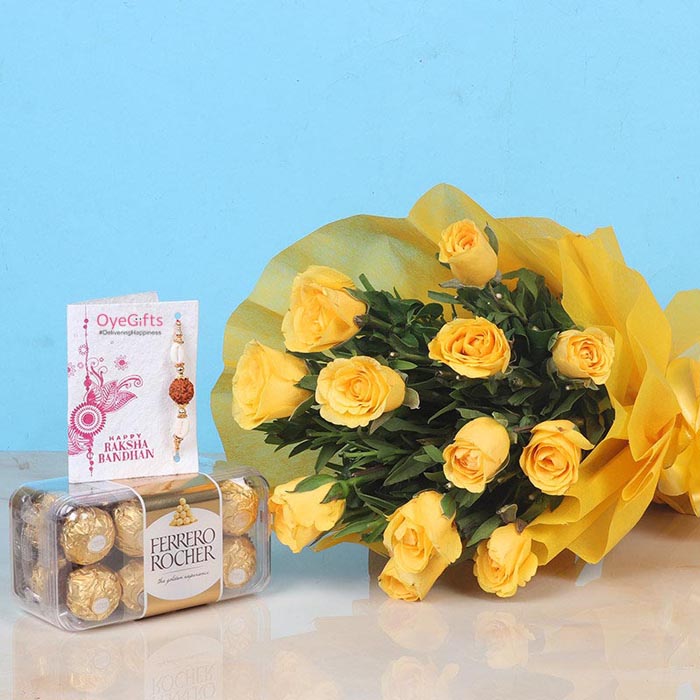 Rakhi With 12 Yellow Roses N Ferrero Rocher