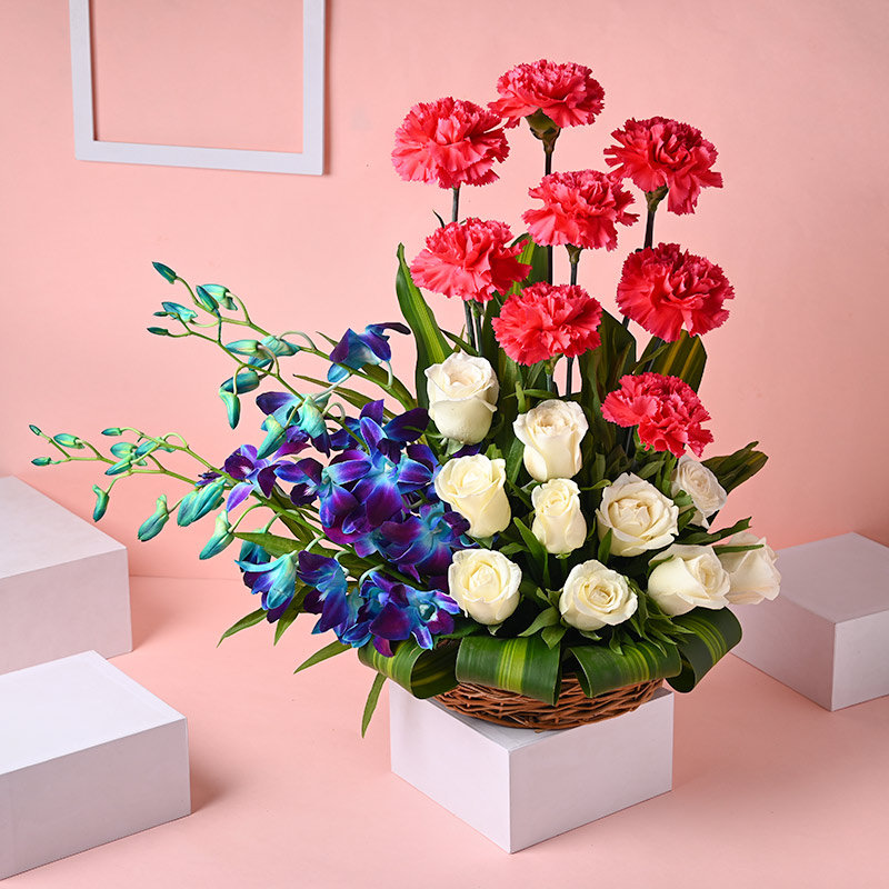Orchid Carnation & White Roses Basket Arrangment