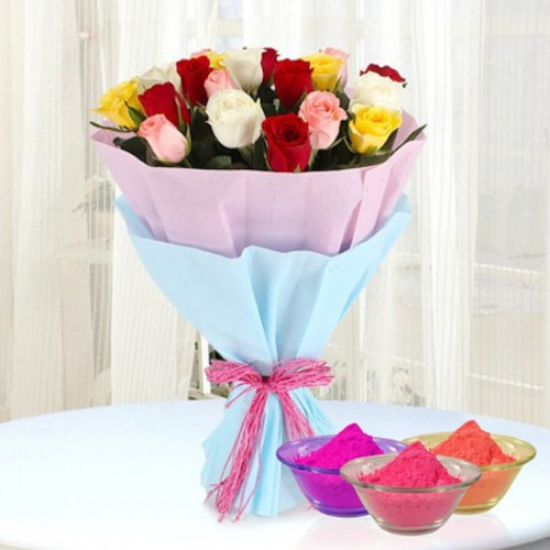 Vivid Holi Mixed Roses bouquet Holi gulal 