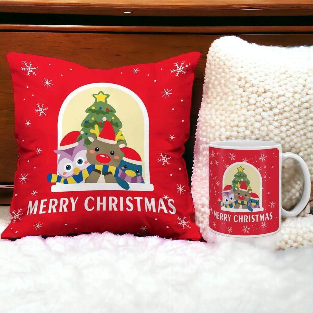 Merry Christmas Printed Red Cushion