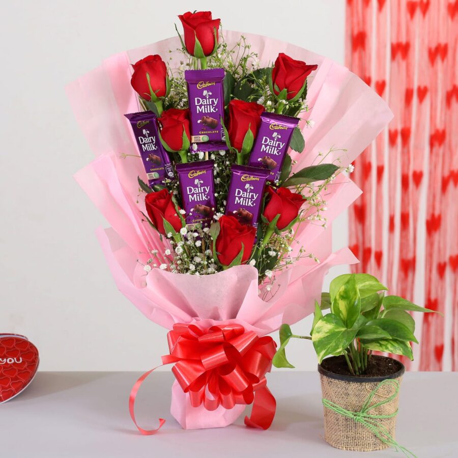 Red Roses Bunch With Money Plant N Chocolates