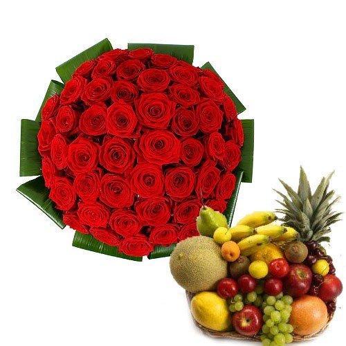 Red Roses Bouquet and Fresh Fruits Basket