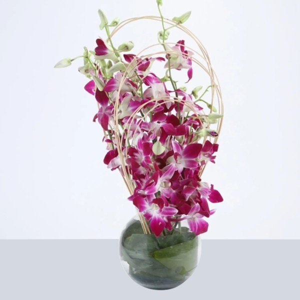 Glass Vase of Purple Orchids