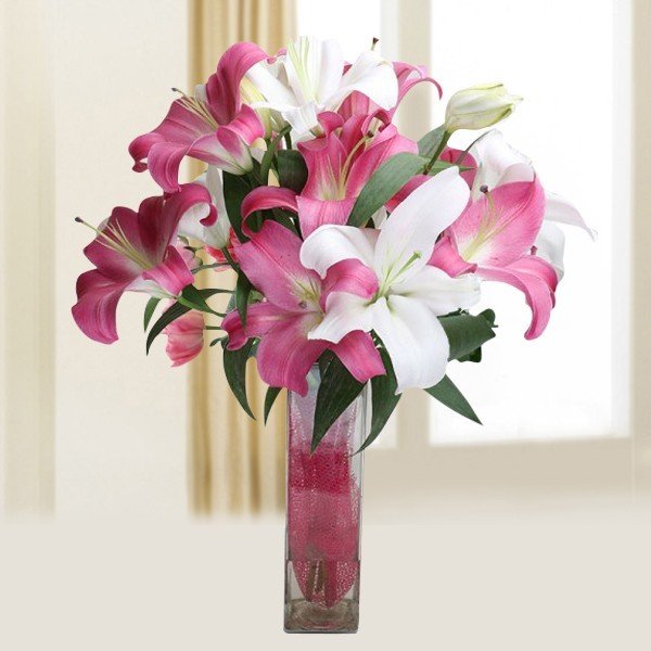 Pink and White Lily Vase