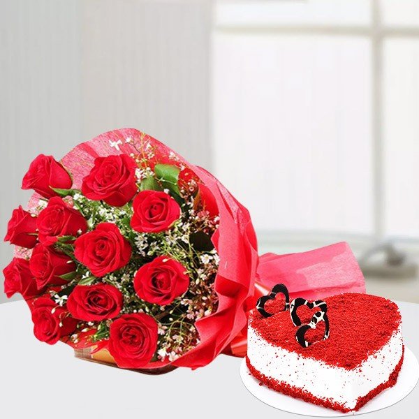 Red Velvet heart cake and Red Roses