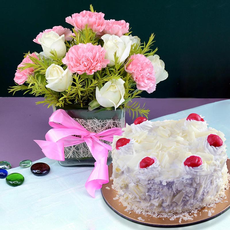 Pretty Flowers and White Forest Cake