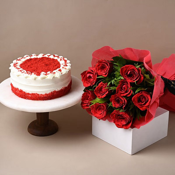 Ravishing Beauty - Red Roses and Red Velvet Cake