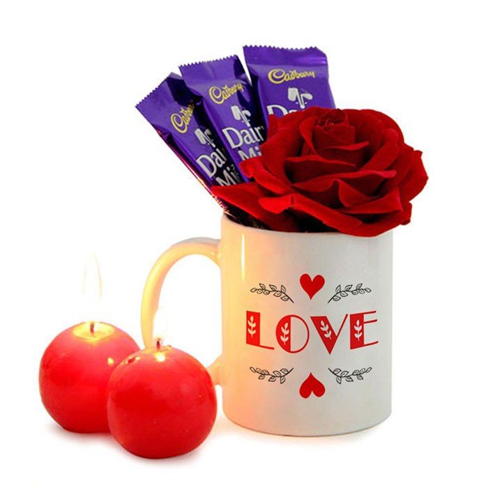 Love Mug and Red Candles Combo with Rose and Chocolates