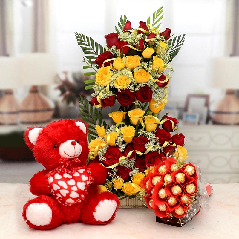 Teddy bear with roses and chocolates deals