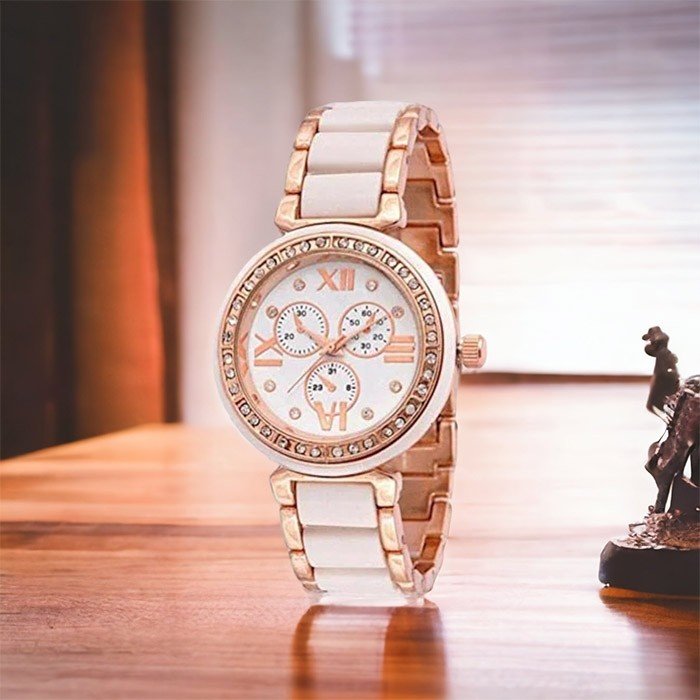 Designer White & Gold Diamond Watch for Women
