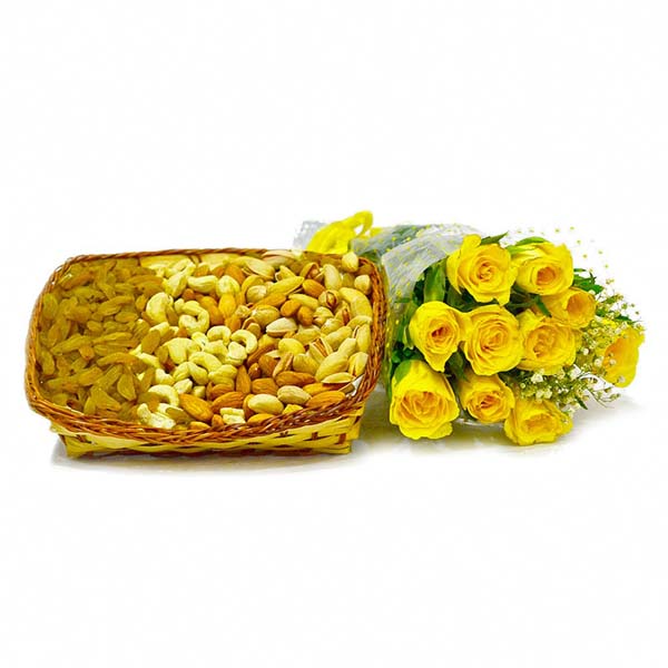 Basket of 1 Kg Assorted Dry fruits with 10 Yellow Roses Bunch