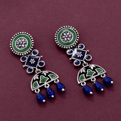 Voylla Mehrunisa Enamel and Beads Embellished Earrings - Silver