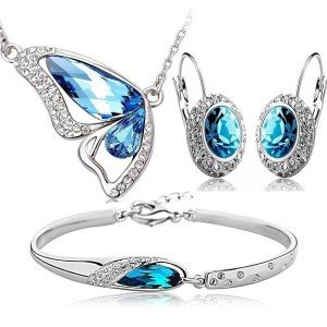 Blue Crystal Combo Jewellery of Necklace Set/Pendant Set with Earrings & Bracelet for Girls and Women