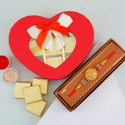 Golden Rakhi with Heart Shaped Chocolate Box