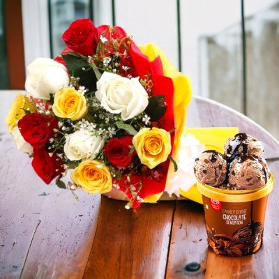 Dazzling Arrangement of Mixed Flowers with Chocolate sensation Ice Cream from Kwality Walls 