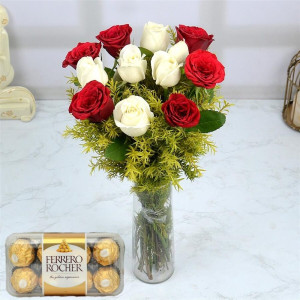 Rocher with Red and White Roses