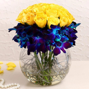 Blue Orchids and Yellow Roses Arrangement