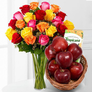 Multicolour Roses In A Vase With Apple Basket