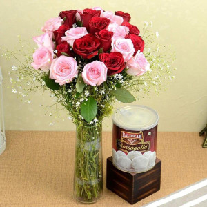 Red & Pink Roses in Glass Vase with Rasgulla