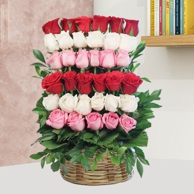 Red, Pink & White Roses Basket