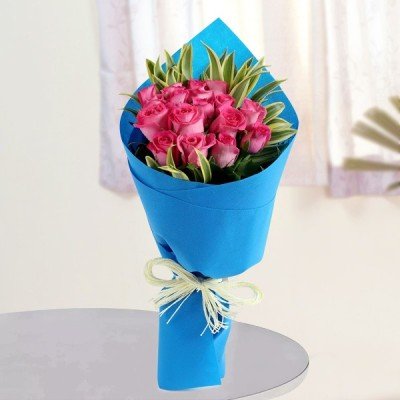 Pink Roses Bunch in Blue Paper 