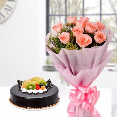 pink roses with chocolate fruit cake