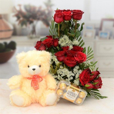 Red Rose Basket With Cream Teddy N Chocolate