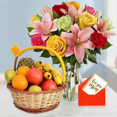 Colorful Roses & Lilies with Fruits For Mom
