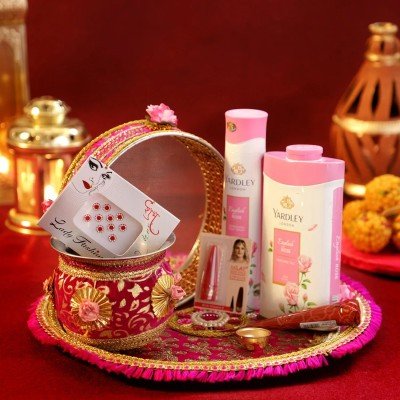 Karwa Chauth Pink Thali Set N Shringar