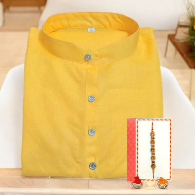 Men's Cotton Blend Yellow Straight Kurta with Rakhi