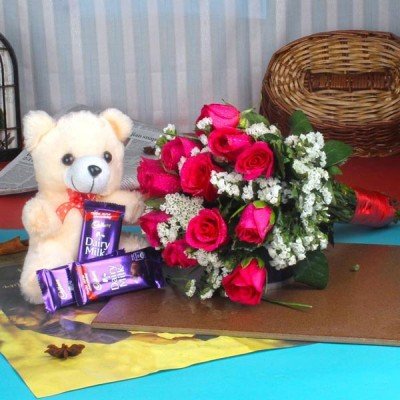 Red Roses with Teddy Bear and Chocolate