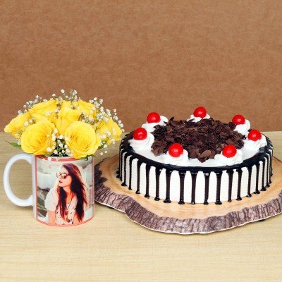 Personalised Mug With Cake N Roses Arrangement