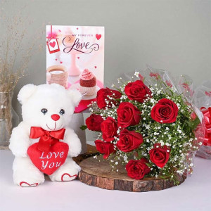 Red Roses Flowers Bouquet In With Cute Teddy Bear & Love Greeting Card