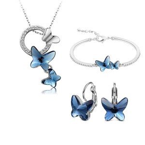 Designer Platinum Plated Crystal Butterfly Earrings Chain Pendant Necklace Combo Jewellery Set for Women and Girls 