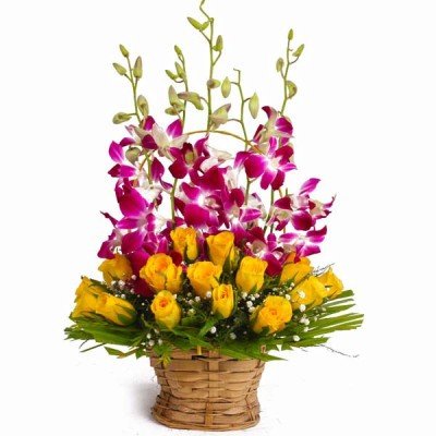 Basket of Yellow Roses with Orchids